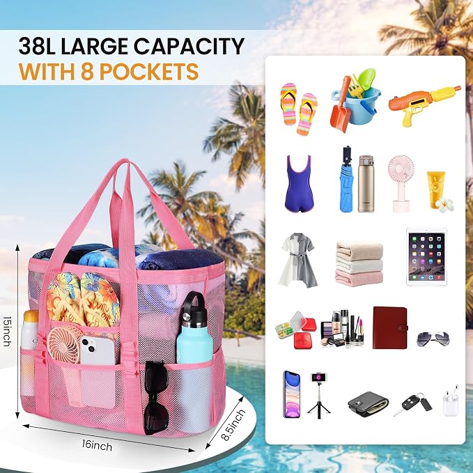 Tavaleu Mesh Beach Bag, Large Capacity Beach Tote, Multi Pockets, Sandproof | Mesh Material, Multiple Storage Pockets, Lightweight & Foldable Design, For Beach & Pool Use, Easy to Clean & Quick Dry - Image 3