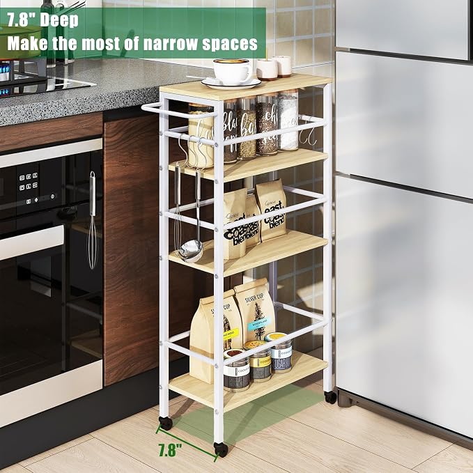 IBUYKE Slim Rolling Storage Cart, Kitchen Cart Utility Shelving UTMJ065R | 4-Tier, with Lockable Wheels,Handle&6 Hooks, 7.9" wide,for Kitchen, Laundry, Bathroom, Rustic Brown - Image 2