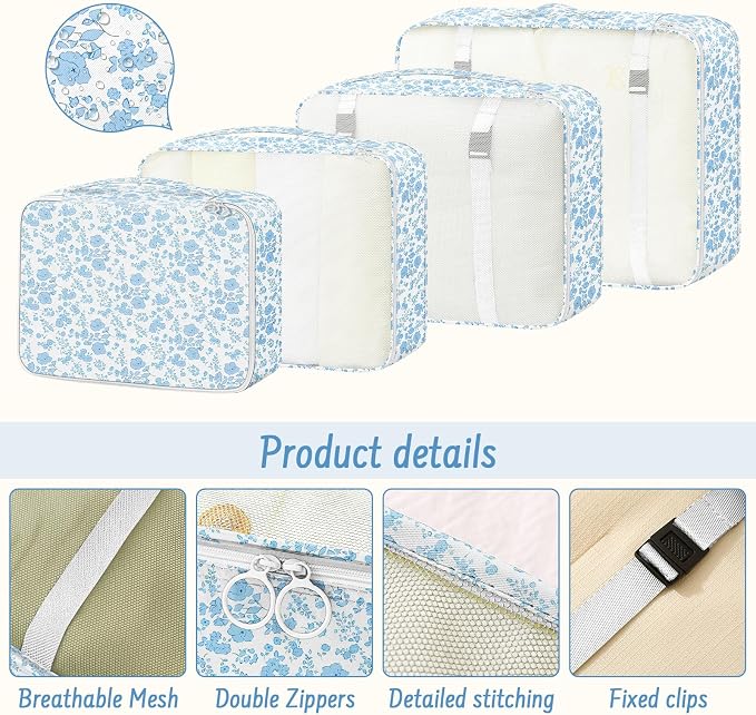 9 Set Packing Cubes for Travel Essentials - Lightweight Carry-On Luggage Organizer Bags with Shoe, Clothes & Laundry Bags for Airplane, Family & Business Travel, Blue flowers - Image 6