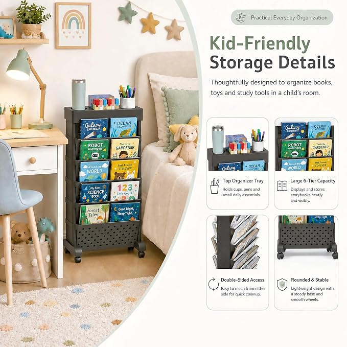 6-Tier Rolling Bookshelf Magazine Rack with Wheels Black | Mobile Bookcase, Book Storage File Folder Organizer Cart for Home Study Office Living Room Classroom - Image 5