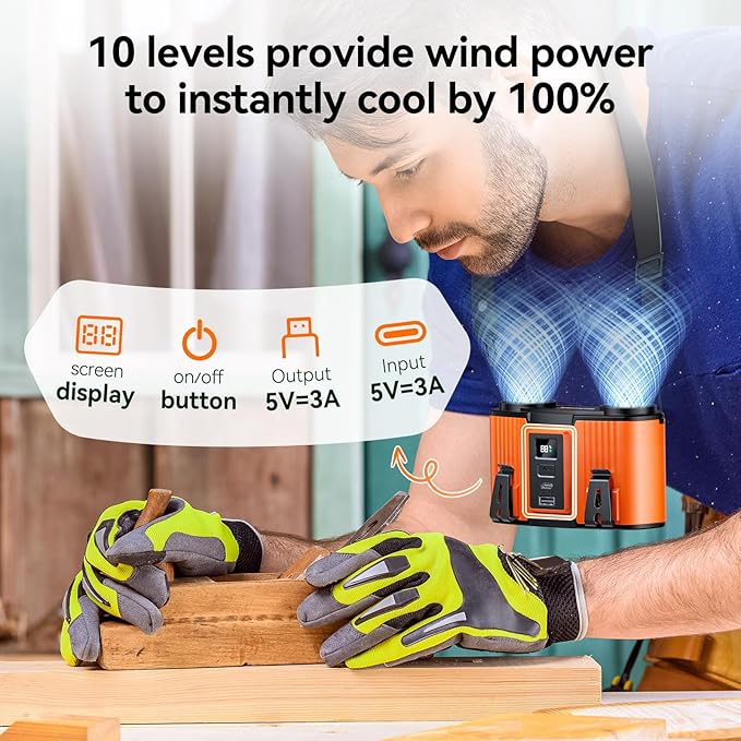 Doublepow 12000mAh Portable Waist Fan, Personal Waist Fan, Dual Air Ducts Motors, USB Rechargeable Clip On Belt for Working, 10 Speeds & 23H Wearable Neck Cooling, for Outdoor, Work, Travel (Orange) - Image 4