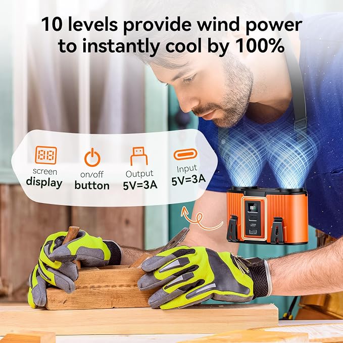 Doublepow 24000mAh Portable Waist Fan, Personal Fan, Dual Air Ducts Motors, Rechargeable Clip On Belt for Working, 10 Speeds 45H Wearable Neck Cooling, for Outdoor Work Travel, Power Outage (Orange) - Image 4