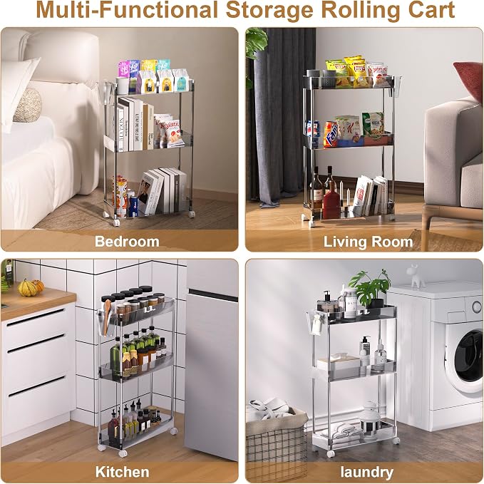 VECELO 3-Tier Acrylic Rolling Cart, Utility Cart for Kitchen Storage, Mobile Shelves Slide-Out Organizers with 2 Lockable Wheels&Hooks for Bathroom Laundry Room Living Room Office, Clear - Image 4