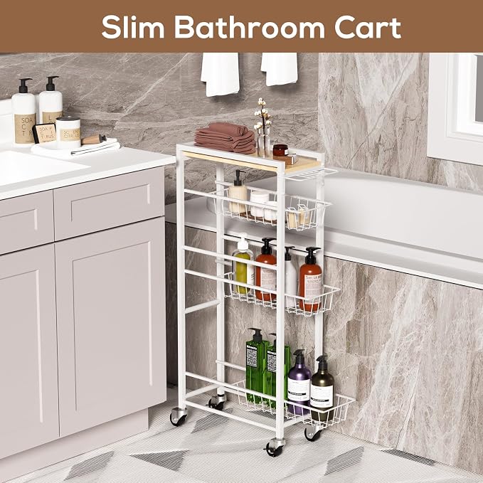 4 Tier Slim Rolling Storage Cart with Pull-Out Baskets, Narrow Sliding Storage Slim Laundry Cart Slim Rolling Kitchen Cart - Image 6