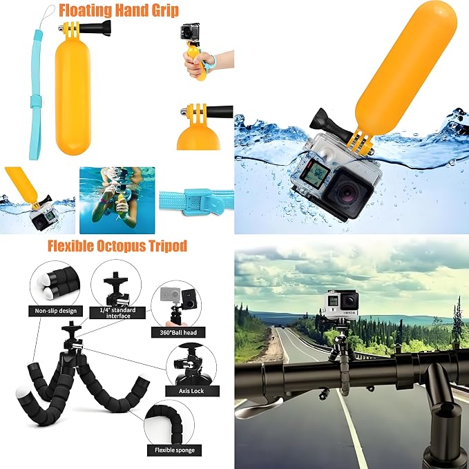 Accessories Kit for Action Camera, Chest & Head Strap Mount, 360° Rotating Wrist Strap Mount, Backpack Clip, Suction Cup Mount, Floating Handle Grip and Various Adjustable Camera Accessories - Image 5