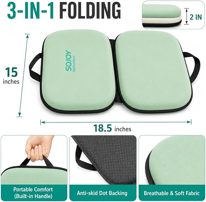 3-in-1 Foldable Gel Seat Cushion with Memory Foam Ergonomic Portable Cushion for Back Pain & Tailbone Relief - Perfect for Office Chair, Airplane Travel & Stadium Seats (18.5" x 15" x 2" Green) - Image 6