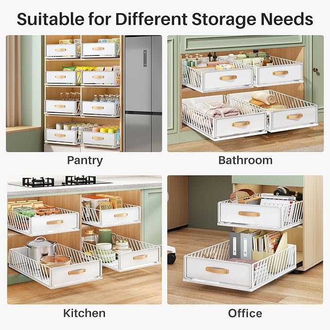 Pull out Cabinet Organizer,Heavy Duty Slide out Pantry Shelves Drawer Storage with Adhesive Nano Film,Sliding Mesh Cabinet Basket with Handle for Kitchen, Bathroom, Home, 15.8"W X 21"D X 6.2"H,White - Image 9