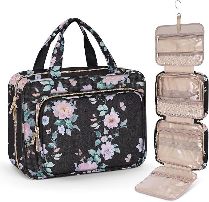 Toiletry Bag for Women, Large Cosmetic Travel Bag, Hanging Toiletry Bag for Bathroom, PVC Waterproof Makeup Bag, Toiletries Bag for Travel Business Trips and Camping, Black+Pink Floral by Wedama