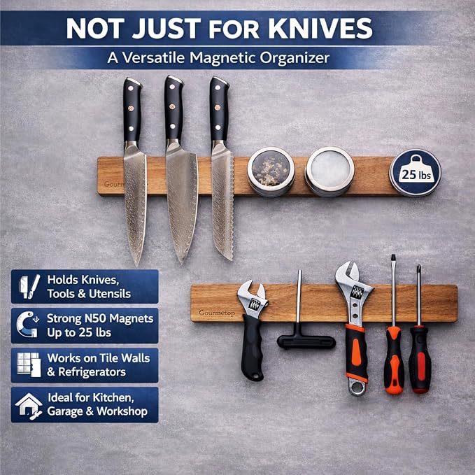 Magnetic Knife Holder for Wall 12”, Acacia Wood, No Drill, Fridge | Strong Dual-Row Magnet Holds 6 Knives & Heavy Cleavers, 3M Adhesive Tape & Screw Mount, Kitchen Knife & Utensil Organizer - Image 7