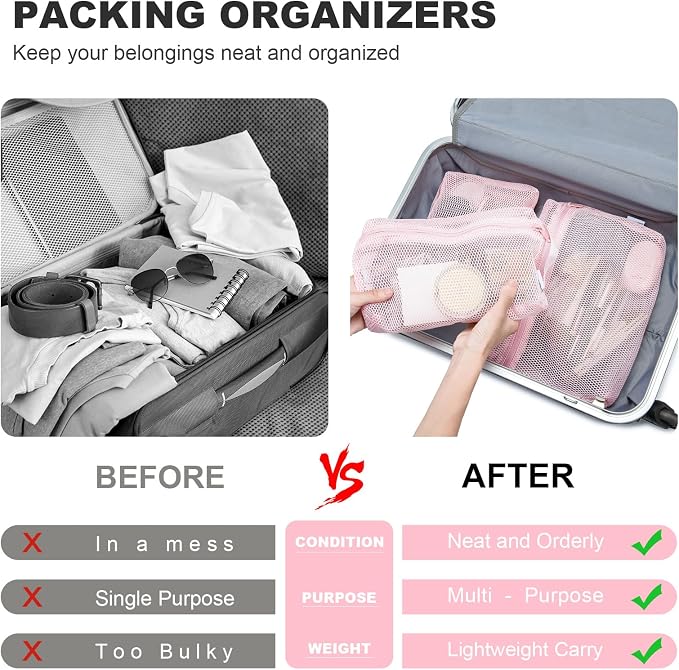 NOL 3-Pack Mesh Travel Toiletry Bags - Clear Zipper Travel Organizer, Airport Carry-On Compliant Reusable Cosmetic Makeup Bag for Women & Men (Pink) - Image 5