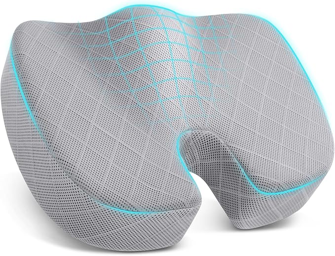 Memory Foam Office Chair Seat Cushion - Light Grey, Large | for Car Seat, Airplane, Desk Chair - Sciatica & Hip & Coccyx Pain Relief Cushion for Long Sitting Office Workers, Car Drivers by TushGuardSeatCushonsPillows