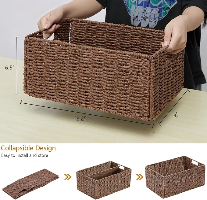 Wicker Storage Basket, Set of 2 Hand-Woven Paper Rope Wicker Basket, Small Storage Baskets for Organizing Toilet Paper, Foldable Large Cube Storage Organizer Bins for Shelves (Brown) - Image 2
