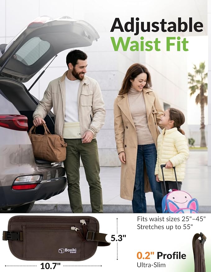Money Belt for Travel with RFID Blocking Technology - Hidden Travel Money Pouch for Cash, Credit Cards, Passport, and Travel Valuables - Secure Water Resistant Money Belt for Men and Women (Brown) - Image 6