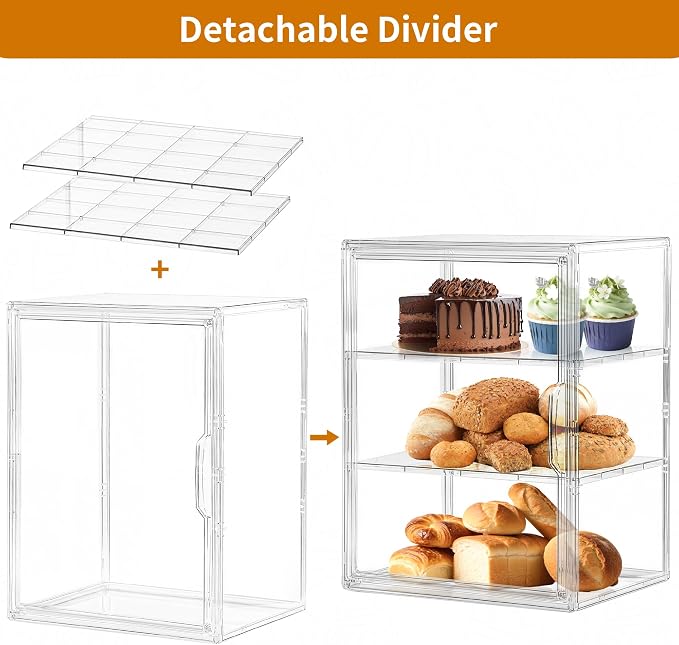 Bread Box for Kitchen Countertop, 3 Layers Pastry Display Case, 2 Pack | Adjustable Shelves, Magnetic Door, Clear Acrylic Display, Easy Assembly, Stable Design, for Bread, Cookies, Cakes & Pastries - Image 3