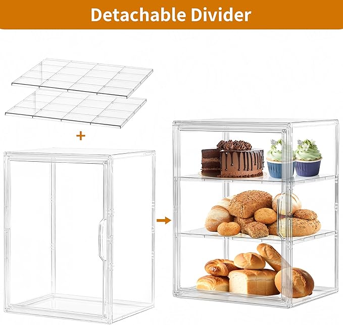 Bread Box for Kitchen Countertop,3 Layers Pastry Display Case, 1 Pack | Adjustable Shelves, Magnetic Door, Clear Acrylic Display, Easy Assembly, Stable Design, for Bread, Cookies, Cakes & Pastries - Image 3