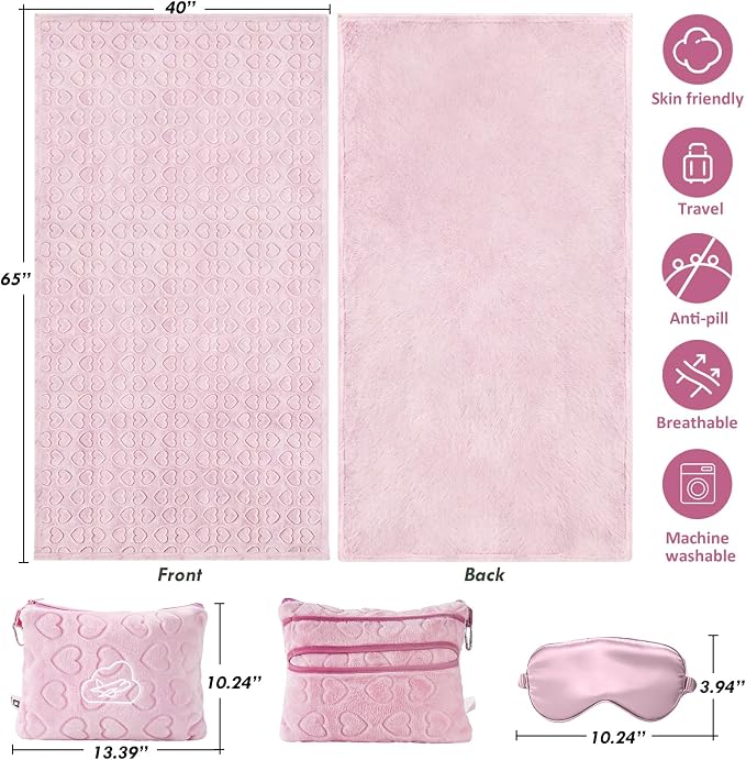 Travel Blanket, Airplane Blanket, Ultra-Soft, Warm & Lightweight, 65x40 in, Outdoor Blanket Essentials for Women, Men & Kids, Included Eye Mask, Luggage Sleeve & Backpack Clip Heart Pink - Image 6