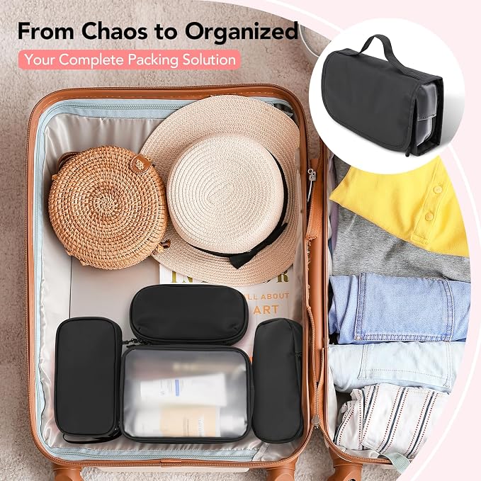 5-Piece Travel Toiletry Bag for Women, Organize Toiletries & Cosmetics | Personal Travel Essentials, with Hanging Toiletry Bag, Clear Cosmetic Bag, Makeup Bag, Jewelry Case & Cable Pouch - Black - Image 3