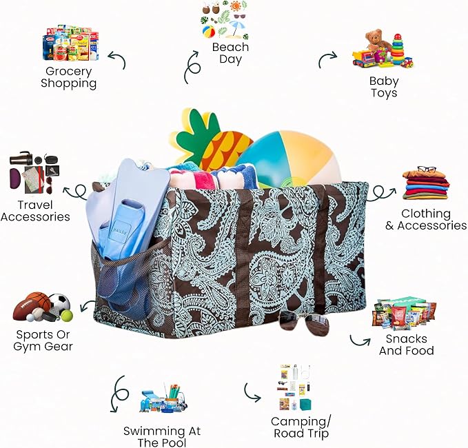 Extra Large Utility Tote Bag - Oversized Collapsible Reusable Wire Frame Rectangular Canvas Basket With Two Exterior Pockets For Beach, Pool, Laundry, Car Trunk, Storage - Paisley Blue - Image 3