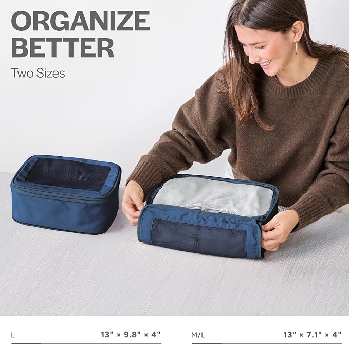 Compression Packing Cubes for Travel, 2-Pack, Dark Blue | Solves overpacking, 2-Piece set fits most carry-ons, 50% Space savings, Compression luggage organizer bags - Image 3