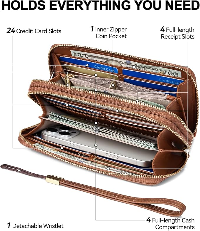 BOSTANTEN Wristlet Wallets for Women RFID Large Capacity Clutch Wallet | 24 Card Slots, 2 Zipper Pockets, Phone ＆ Card Holder, Zip Around, Hand Strap, Vegan Leather, Great Gifts - Image 2