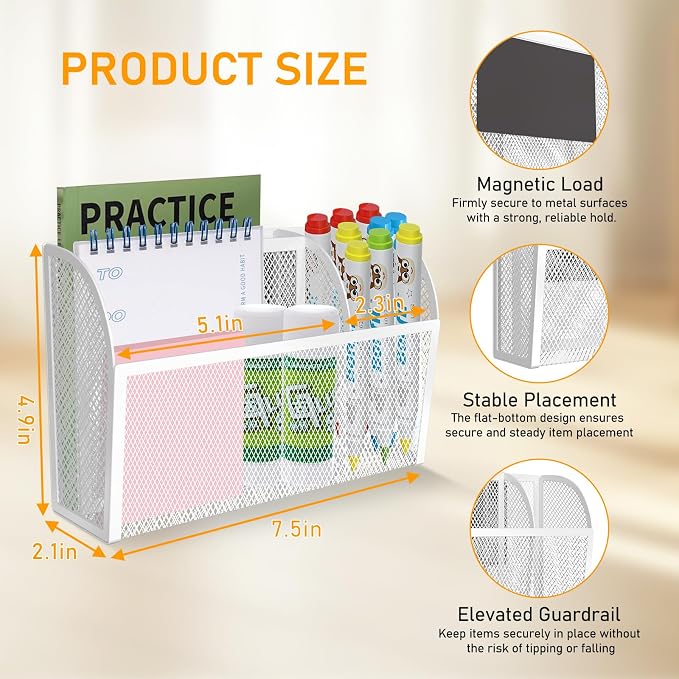 Magnetic Pencil Holder Magnetic Shelf for the Whiteboard 3-Grid Mesh Magnetic Pen Holder for Refrigerator Magnetic Organizer Locker Accessories Organizer for Office (White) - Image 5