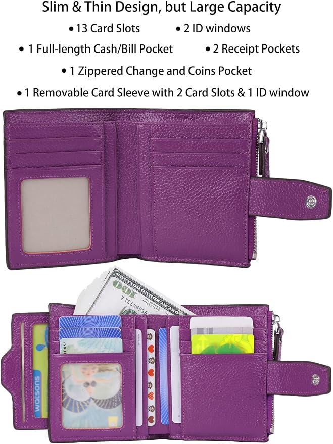 Women's RFID Blocking Leather Small Compact Bi-fold Zipper Pocket Wallet Card Case Purse with id Window - Image 2