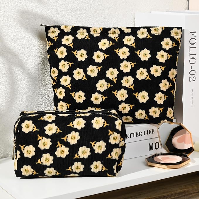 SOIDRAM 2 Pieces Flower Makeup Bag Large Cosmetic Bag Capacity Canvas Mix Travel Toiletry Bag Organizer Cute Makeup Brushes Aesthetic Accessories Storage Bag for Women, Flower Mix Black - Image 2