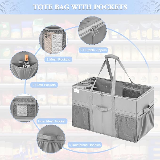 Extra Large Utility Tote Bag, 2 Pack Reusable Grocery Bags Heavy Duty, Sturdy Structured Tote Bag with Pockets & Handles, Foldable Shopping Bags for Groceries, Collapsible Totes with Lids 22x11.5x13in - Image 6