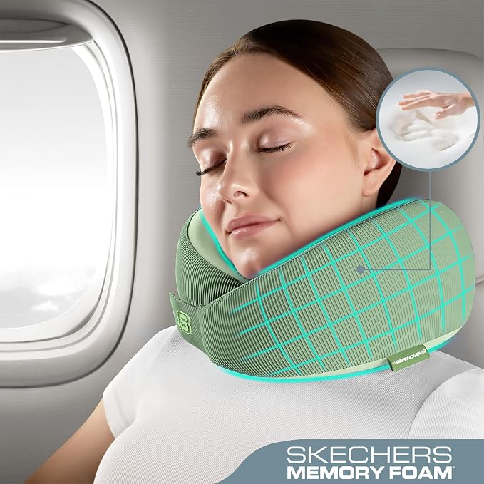 Skechers Women's Memory Foam Neck Pillow, Comfortable & Breathable Travel Pillow,Neck Pillow Airplane for Travel, Car Rides, Home, and Office Use, Ergonomic Design for Men and Women,Green - Image 2