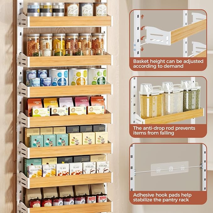 8-Tier Pantry Door Organizer, Over the Door Pantry Organizer with Wooden Adjustable Baskets, 2 IN 1 Spice Rack Wall Mount or Door Organizer, Door Spice Rack for Pantry（72.6×17.1×5.1in,White) - Image 4