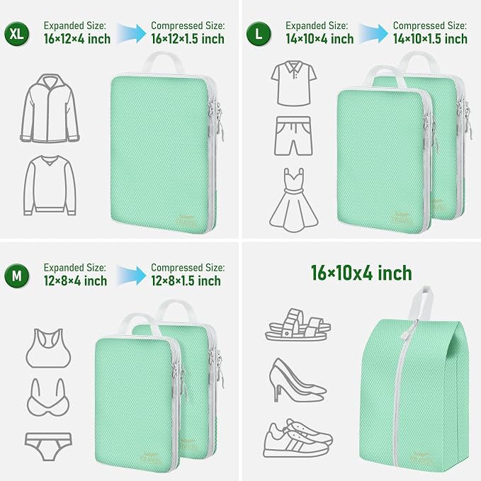 6 Set Compression Packing Cubes, Suitcase Organizer, Lightweight Travel Essentials, Compression Bags For Travel Accessories Luggage Storage Set (6Pcs, Matcha Green) - Image 2