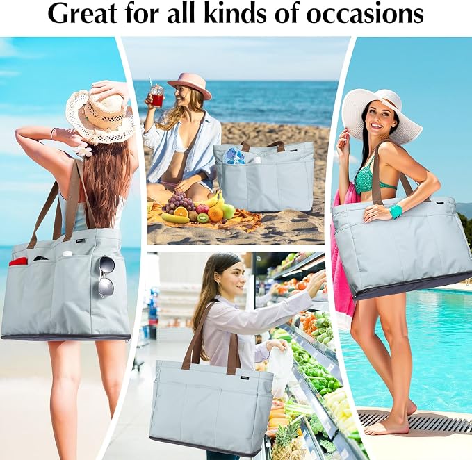 GAGAKU XL Beach Bag with Zipper & Cooler Pockets | Sand-Proof Foldable Large Tote Bag for Cruise, Travel, Family, Women - Image 2