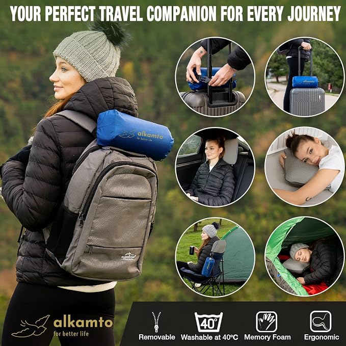alkamto Travel & Camping Comfortable Memory Foam Pillow – Easy to Carry Portable Bag – Temperature Regulating Pillow Case (Grey) - Image 6