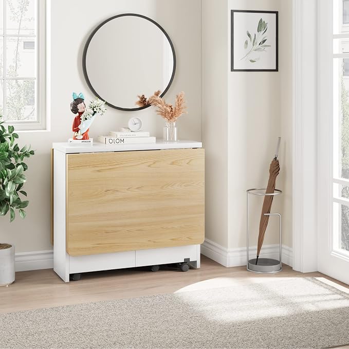 IDEALHOUSE FoldingTable, Drop Leaf Dining Table with 6 Wheels and 2-Layer Storage Shelf, Space Saving Table for Small Spaces (Natural Wood, 47.2" D x 23.6" W x 29.5" H) - Image 3