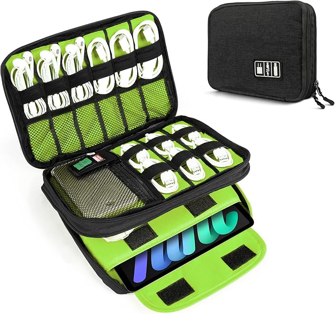 Double Layer Cable Organizer Bag, Portable Cord Storage Case, Flat Electronic Organizer Travel Case, Portable Tech Bag for Cable/Cord Storage/iPad (up to 7.9")/Wall Charger/Electronics by Luxtude