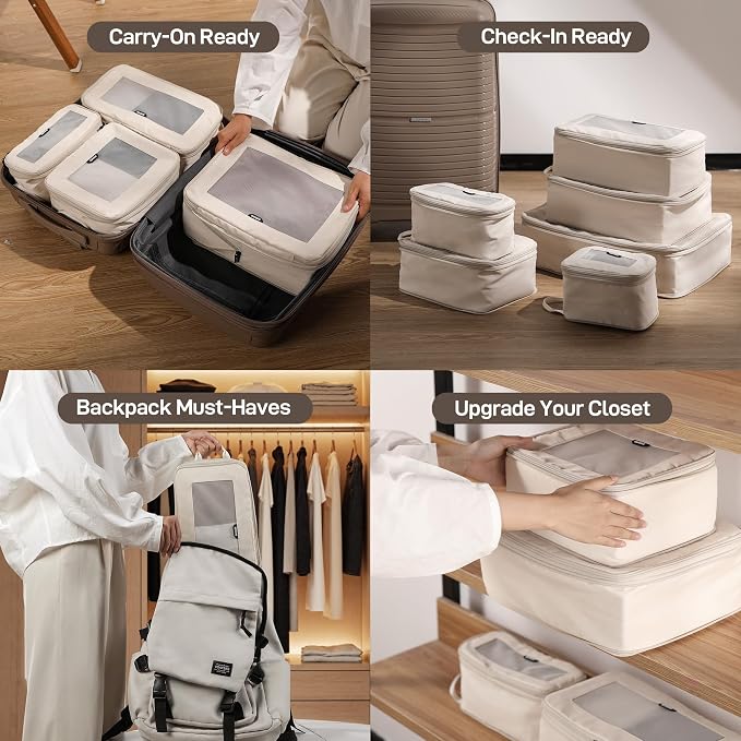 EPICKA TripCozy Compression Packing Cubes, 6 Set, Beige | Durable Expandable Travel Organizer Bags with Mesh Tops for Space-Saving Storage of Clothes & Accessories in Luggage - Image 6