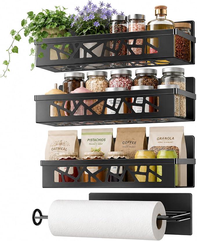 Magnetic Spice Rack with Paper Towel Holder,4 Pack refrigerator organizer | Space Saving Magnetic Shelf Storage,No Drill,Storage Spices, Snacks & Kitchen Essentials,Small Kitchen,Apartment or RV by BLACKSMITHFAMILY