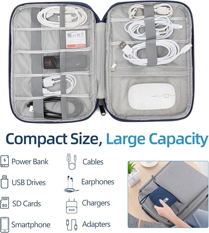 Cable Organizer Bag, Electronics Case for Cords, Chargers & Tech | Organize cables, chargers and power banks with elastic loops, mesh pockets and a slim design for travel. - Image 3