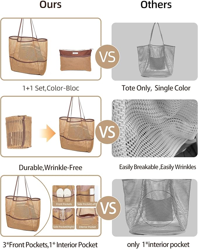 Mesh Beach Tote Bag for Women, 2-in-1 Large Lightweight Foldable Design | Packable into Matching Makeup Pouch | Multiple Pockets | Quick-Dry Sandproof Mesh | Beach, Pool, Travel, Shopping & Gym - Image 6