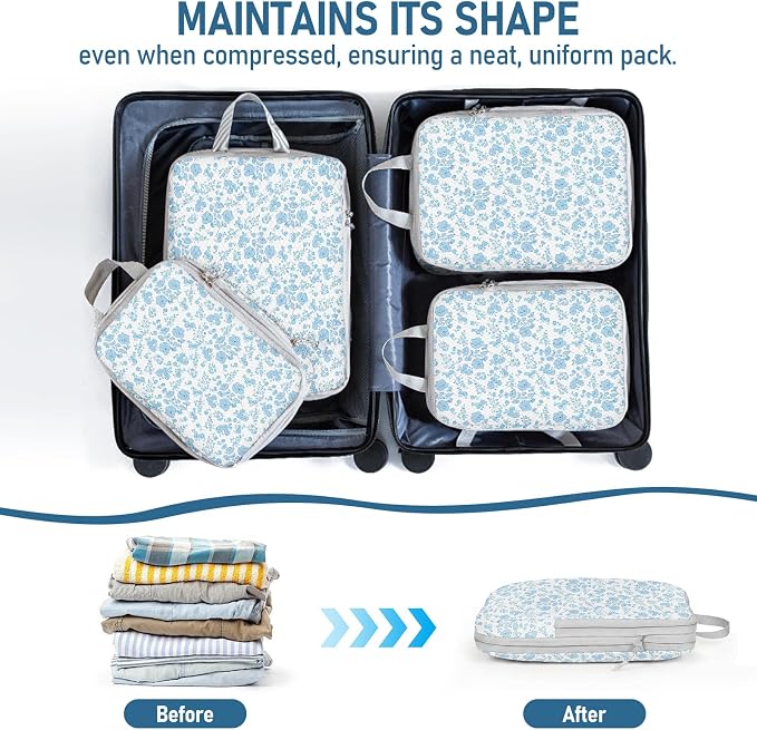 6 Set Compression Packing Cubes, Suitcase Organizer, Lightweight Travel Essentials, Compression Bags For Travel Accessories Luggage Storage Set (6Pcs, Blue floral) - Image 5