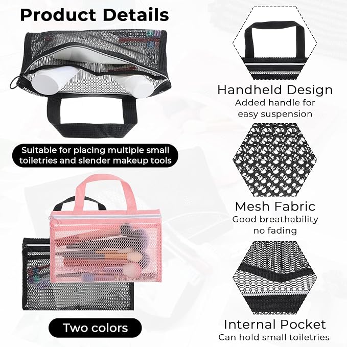 2 Pcs Toothbrush Pouch, Mini Travel Toiletry Bags for Men and Women Portable Square Mesh Storage Bags with Zipper Travel Accessories for Home Office Supplies (Pink and Black) - Image 3