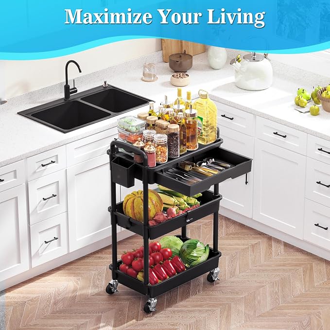 SUNALLY 3 Tier Rolling Cart with Drawer, Craft Storage Cart Organizer,Black | Bathroom Storage Organizer with 2 Lockable Wheels, Rolling Utility Cart for Kitchen, Office, Baby, Makeup, Nail,Snack,Laundry - Image 7