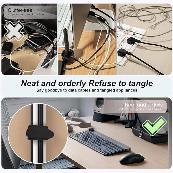 Silicone Cable Ties, Cord Organizer Cable Management,2Sizes-Black | Reusable Cord Ties for Electronics, Office Desk Accessories, Home Travel Essentials, Easy to Use, 4.2 Inch & 7.1 Inch-16Pcs - Image 3
