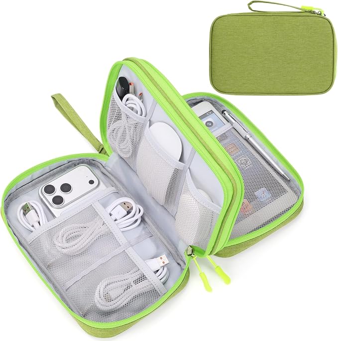 FYY Electronic Organizer, Travel Tech Pouch Bag, Large, Green | Wrist Strap, Waterproof, Double Layers Portable Electronics Travel Carrying Case for Cord, Charger, Daily Business Trips Use by FYY