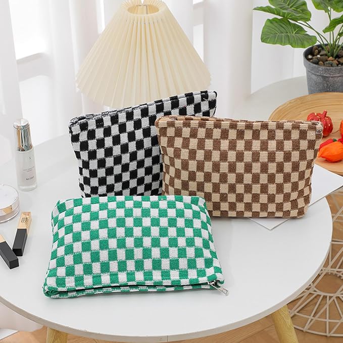 Cosmetic Bags for Women - Corduroy Cosmetic Bag Aesthetic Women Handbags Purses Smile Dots Makeup Organizer Storage Makeup Bag Girls Case Bags (Q-Checkered Light green) - Image 3