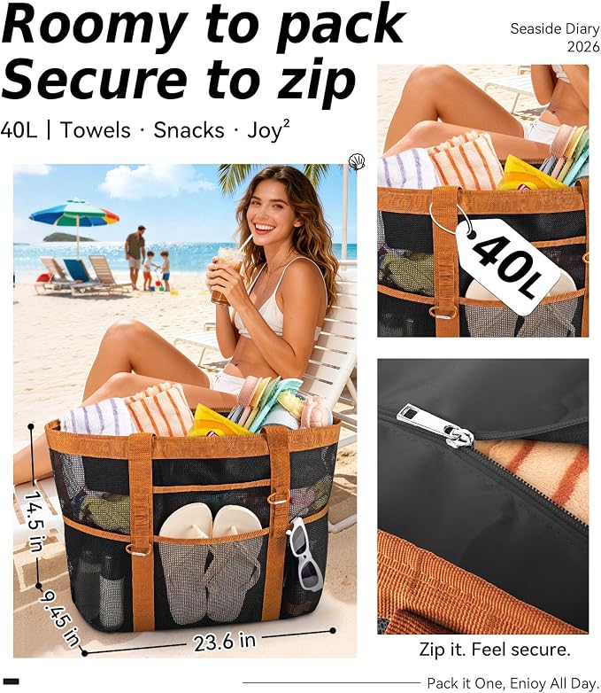 Chic Cruise Essentials Beach Bag for Women, Large Zip Top Tote, 11 Pockets | 40L+ Spacious;Mesh × Canvas;Zipper Pouch;Secure Zip-Top;Sand-Resistant Base - Image 3