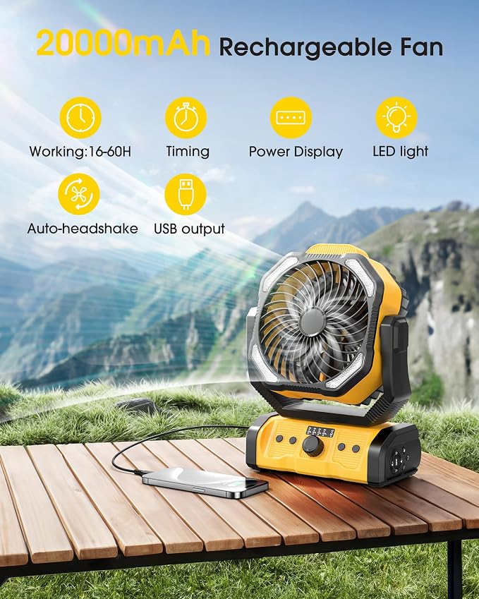 Portable Rechargeable Camping Fan 20000mAh Cordless Battery Powered Fans | Yellow - Image 2
