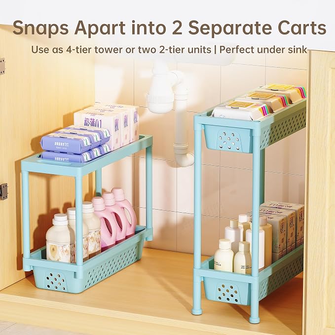Slim 4 Tier Rolling Storage Cart Narrow Bathroom Organizer on Wheels Blue | 6.7" wide for tight bathroom/kitchen gaps, extra-tall tier, 360° casters, quick-dry shelves, tool-free storage rack - Image 7