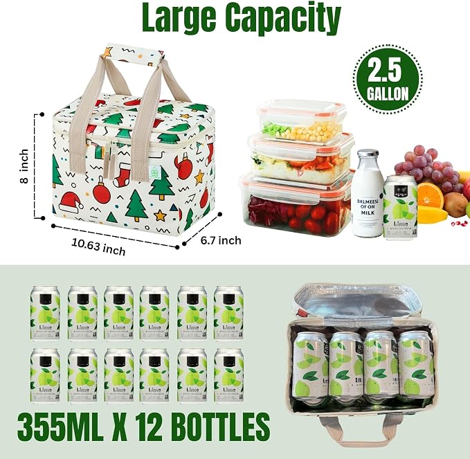 VENO 2 Pack Small Cooler Insulated Lunch Bag Reusable Grocery Shopping Bag | Collapsible Lunch Box Tote for Women Men w/ Handles, Dual Zippers, 9L Capacity for Work Office Picnic Beach (Jingle Mix) - Image 2