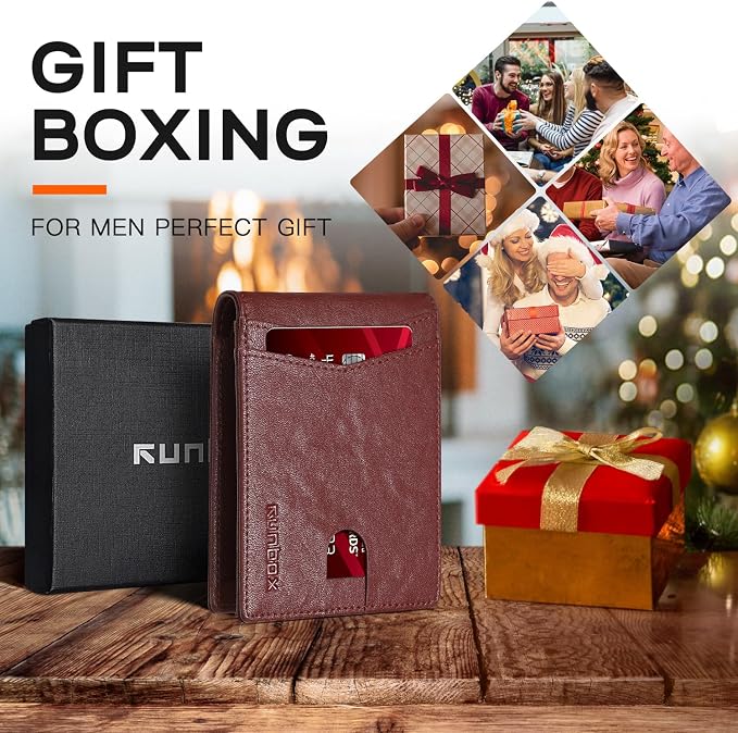 RUNBOX Wallet for Men Slim Leather Bifold RFID Blocking Minimalist Front Pocket Design with Gift Box | Minimalist Front Pocket Design, Holds 8 Cards, RFID Protection, Gifts for Men on Birthdays, Father’s Day, and Christmas - Image 3